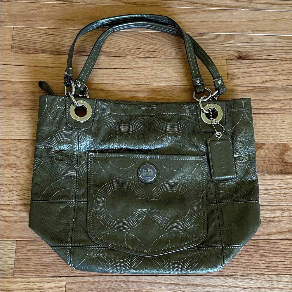 Coach Alex 14265 Op Art Signature Stitched Tote Bag In Pewter Patent Leather